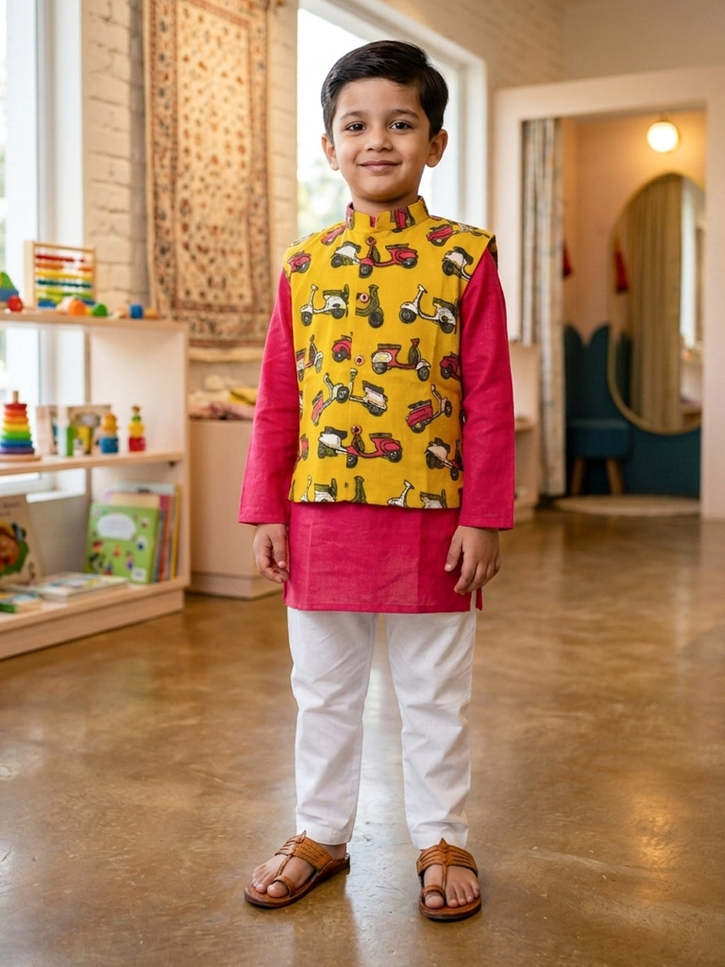 Red Solid Kurta with Yellow Scooter Print Jacket and white Pajama