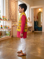 Red Solid Kurta with Yellow Scooter Print Jacket and white Pajama