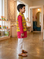 Red Solid Kurta with Yellow Scooter Print Jacket and white Pajama