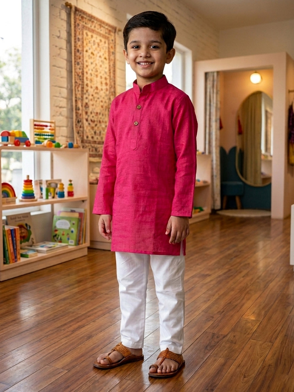 Red Solid Kurta with Yellow Scooter Print Jacket and white Pajama