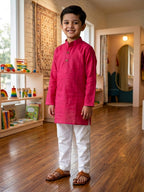 Red Solid Kurta with Yellow Scooter Print Jacket and white Pajama