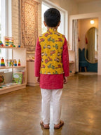 Red Solid Kurta with Yellow Scooter Print Jacket and white Pajama