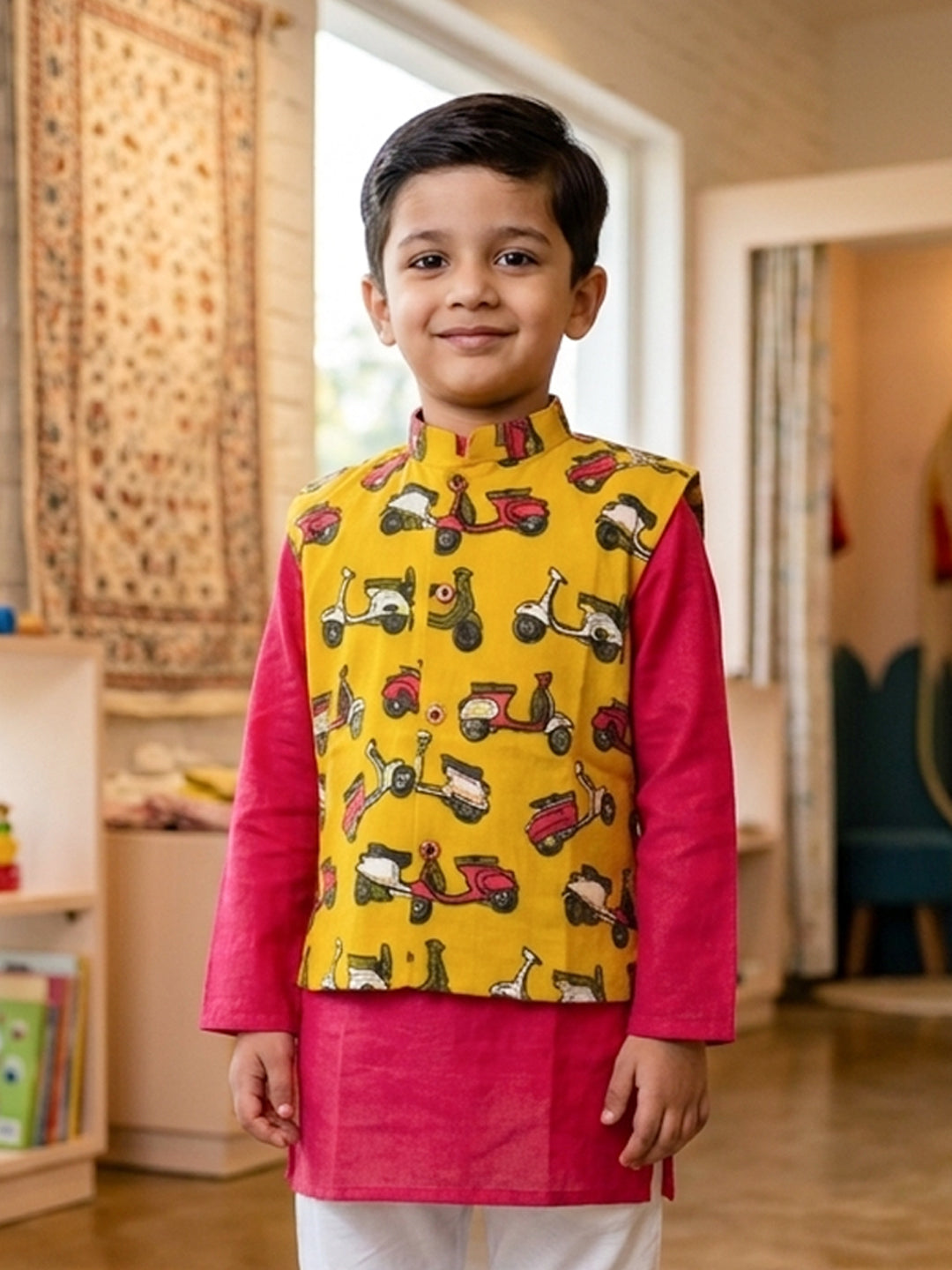 Red Solid Kurta with Yellow Scooter Print Jacket and white Pajama