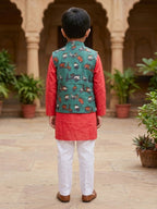 Red Solid Kurta with Green Scooter Print Jacket and white Pajama