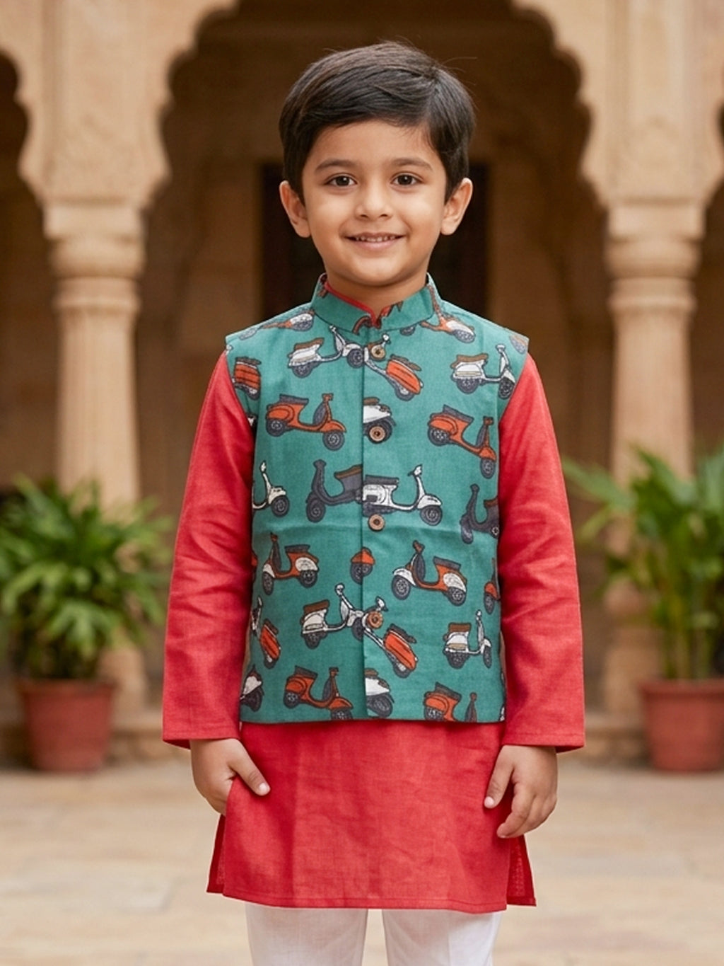 Red Solid Kurta with Green Scooter Print Jacket and white Pajama