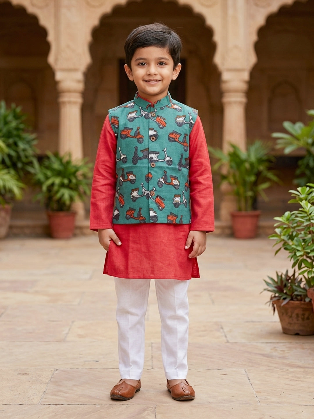 Red Solid Kurta with Green Scooter Print Jacket and white Pajama