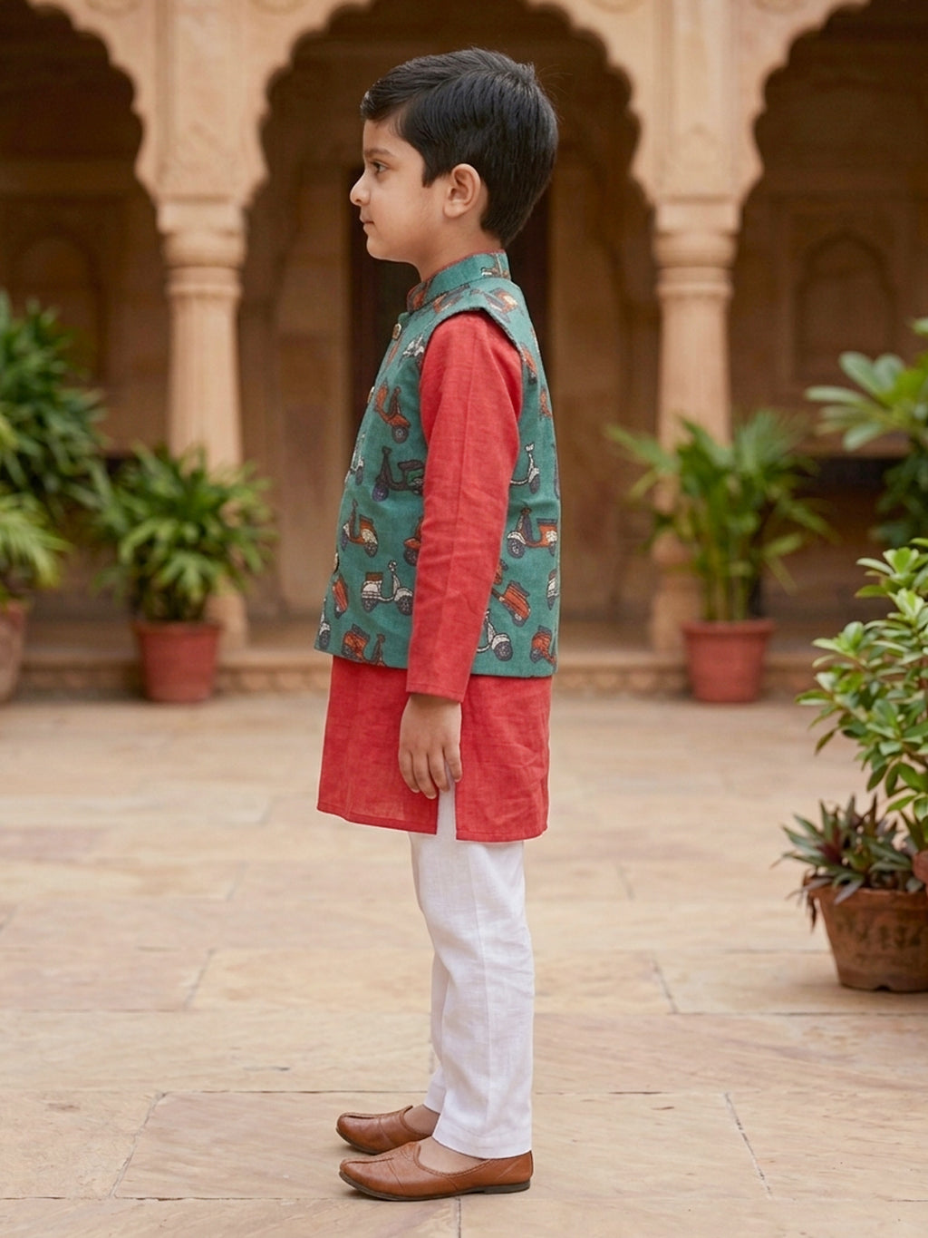 Red Solid Kurta with Green Scooter Print Jacket and white Pajama