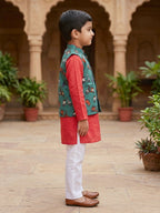 Red Solid Kurta with Green Scooter Print Jacket and white Pajama