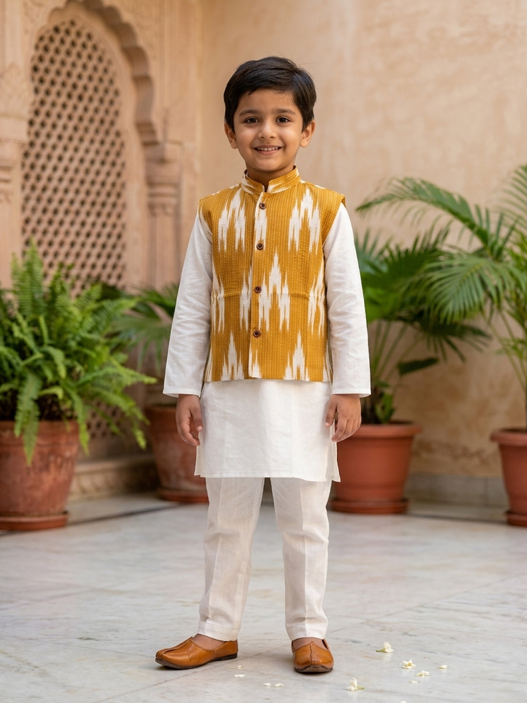 White Solid Kurta with Yellow Ikkat Print Katha Jacket And white Pajama