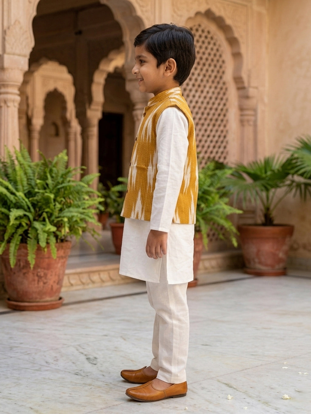 White Solid Kurta with Yellow Ikkat Print Katha Jacket And white Pajama