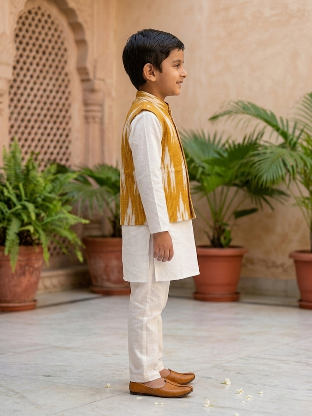 White Solid Kurta with Yellow Ikkat Print Katha Jacket And white Pajama