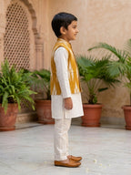 White Solid Kurta with Yellow Ikkat Print Katha Jacket And white Pajama