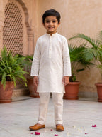 White Solid Kurta with Yellow Ikkat Print Katha Jacket And white Pajama