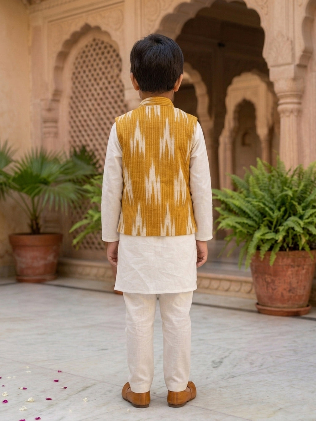 White Solid Kurta with Yellow Ikkat Print Katha Jacket And white Pajama