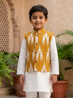 White Solid Kurta with Yellow Ikkat Print Katha Jacket And white Pajama