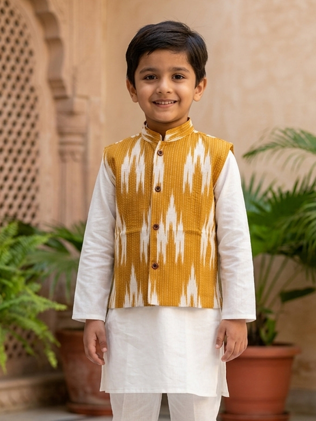 White Solid Kurta with Yellow Ikkat Print Katha Jacket And white Pajama