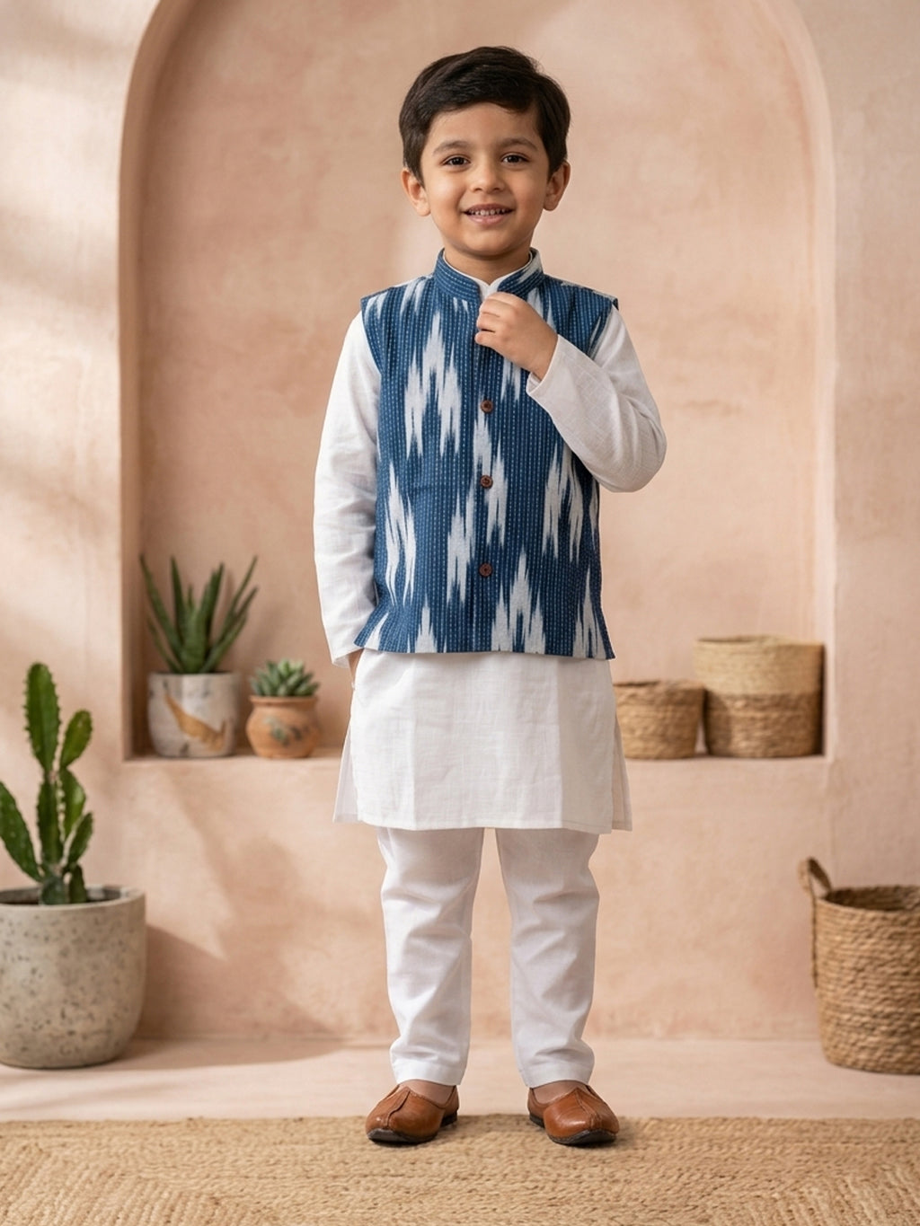 White Solid Kurta with Blue Ikkat Print Katha Jacket And white Pajama