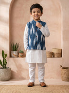 White Solid Kurta with Blue Ikkat Print Katha Jacket And white Pajama
