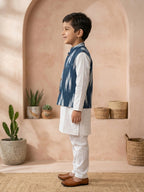White Solid Kurta with Blue Ikkat Print Katha Jacket And white Pajama