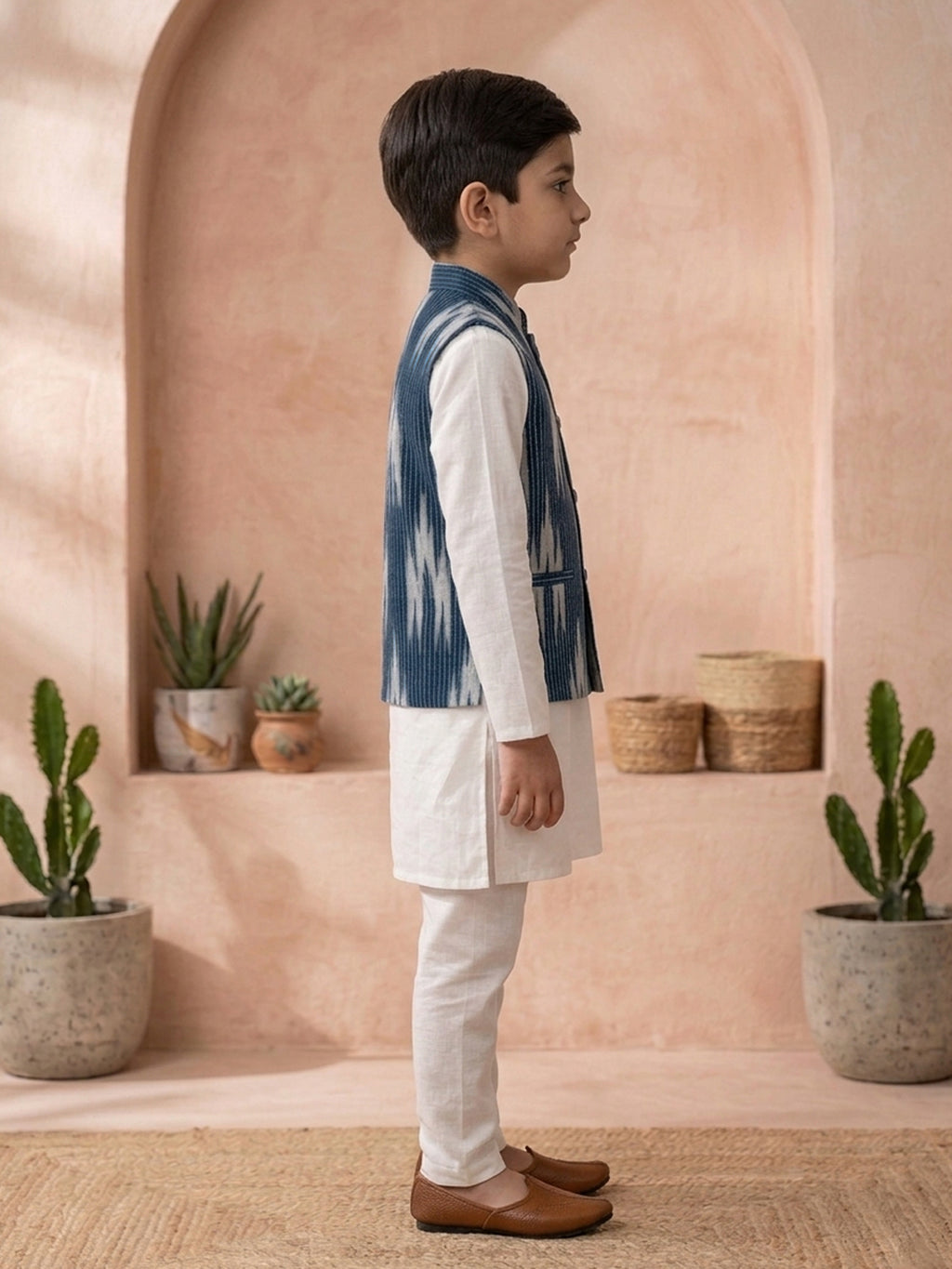 White Solid Kurta with Blue Ikkat Print Katha Jacket And white Pajama