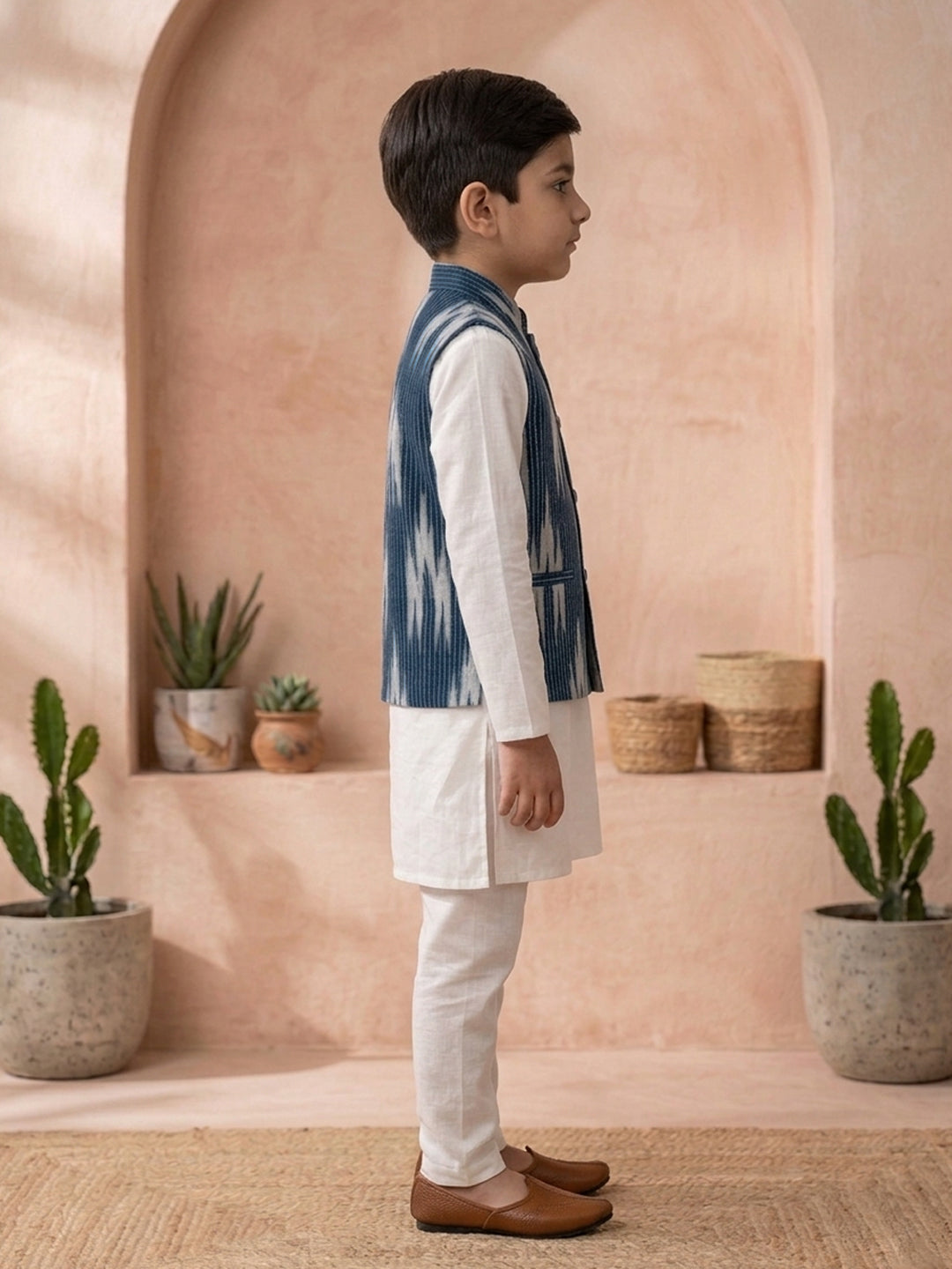 White Solid Kurta with Blue Ikkat Print Katha Jacket And white Pajama