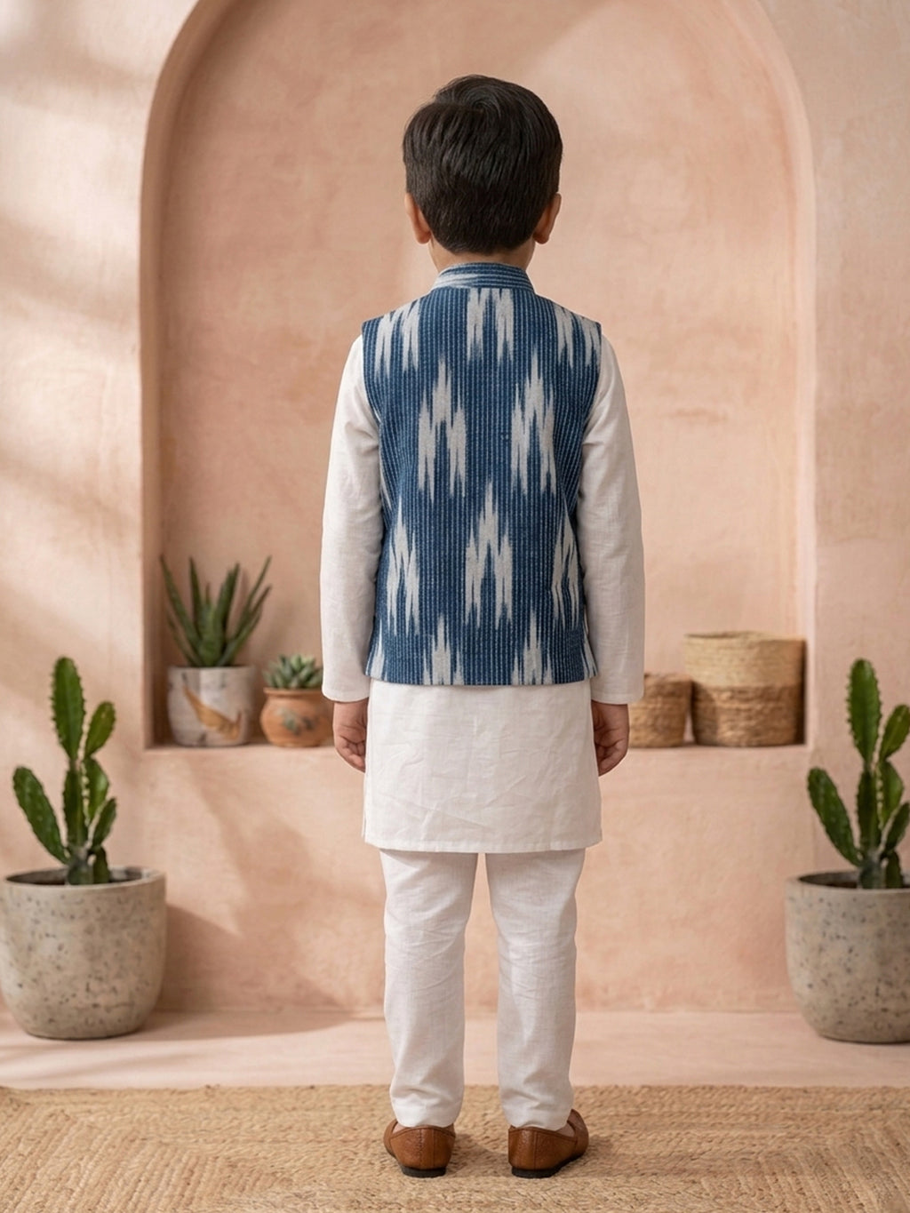 White Solid Kurta with Blue Ikkat Print Katha Jacket And white Pajama