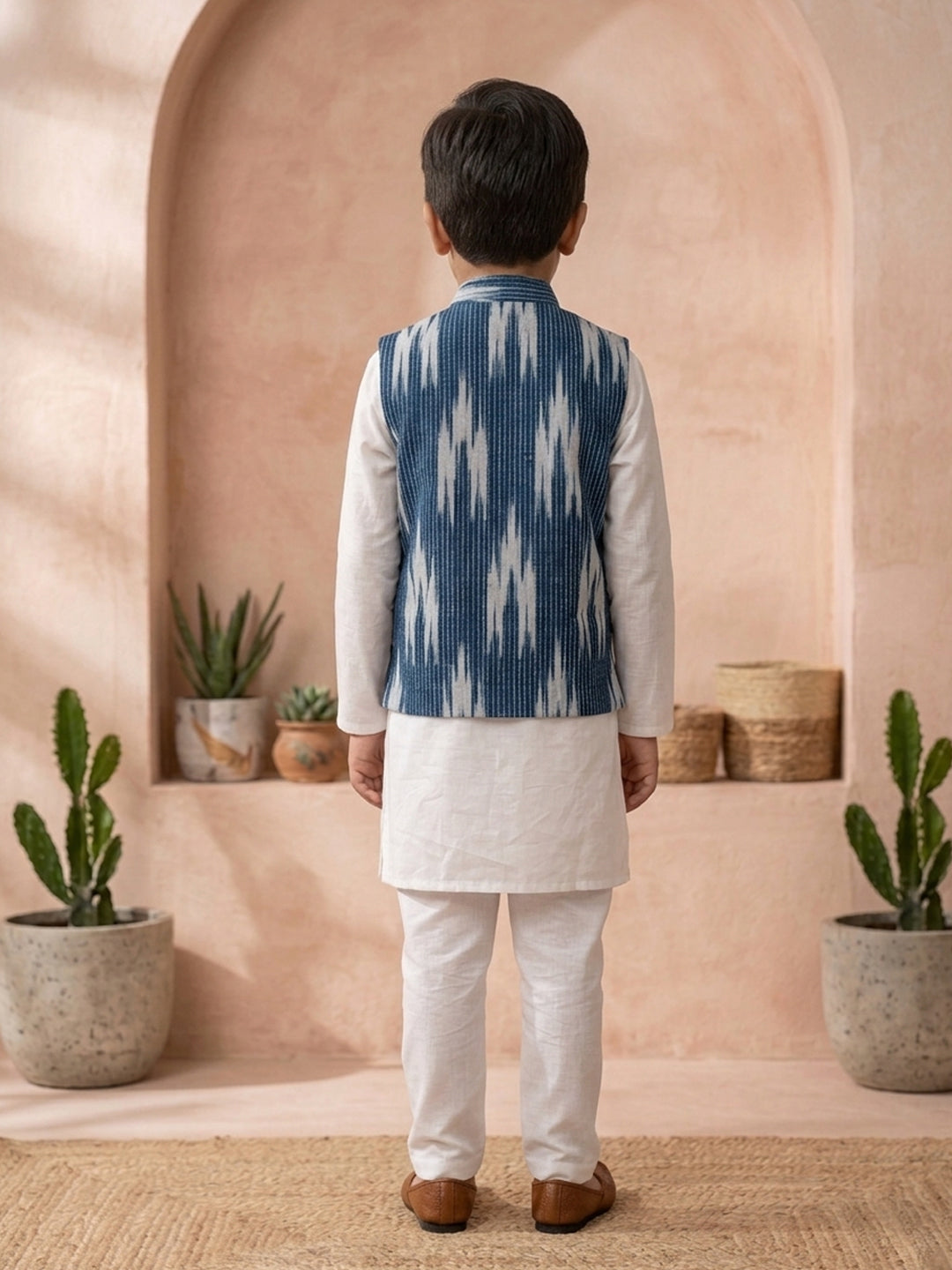 White Solid Kurta with Blue Ikkat Print Katha Jacket And white Pajama
