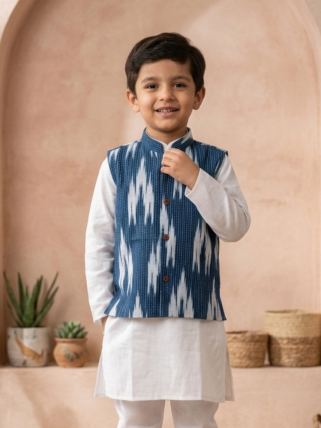 White Solid Kurta with Blue Ikkat Print Katha Jacket And white Pajama