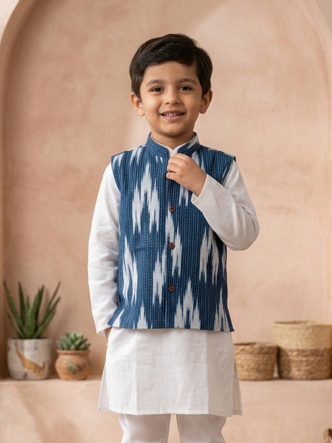 White Solid Kurta with Blue Ikkat Print Katha Jacket And white Pajama