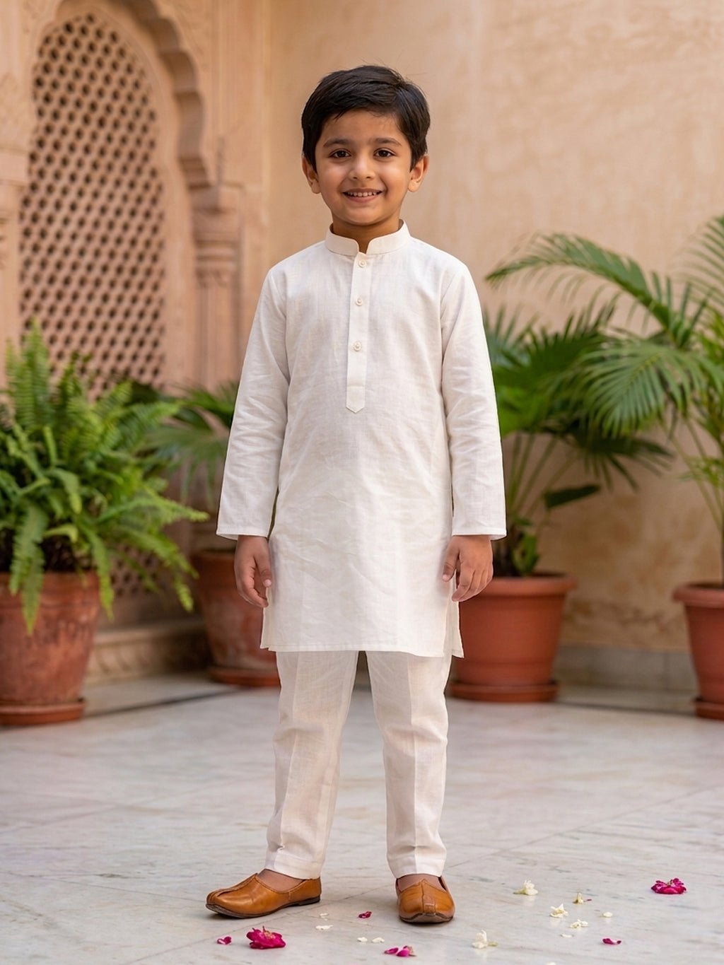 White Solid Kurta with Blue Ikkat Print Katha Jacket And white Pajama
