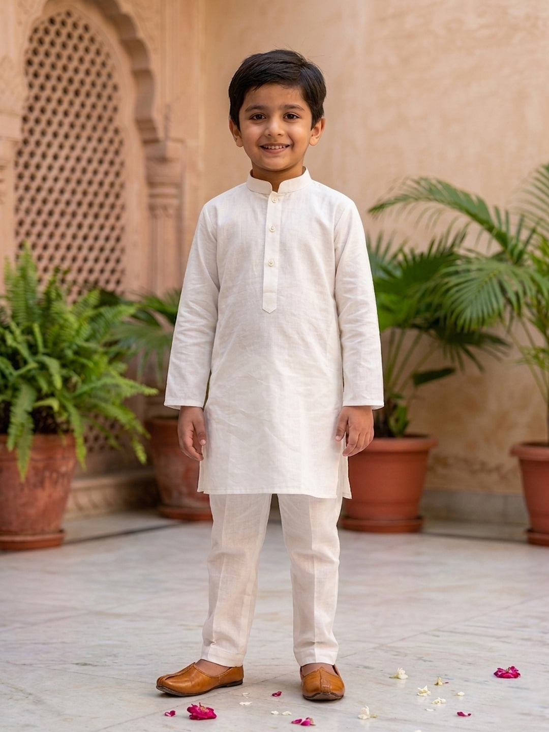 White Solid Kurta with Blue Ikkat Print Katha Jacket And white Pajama