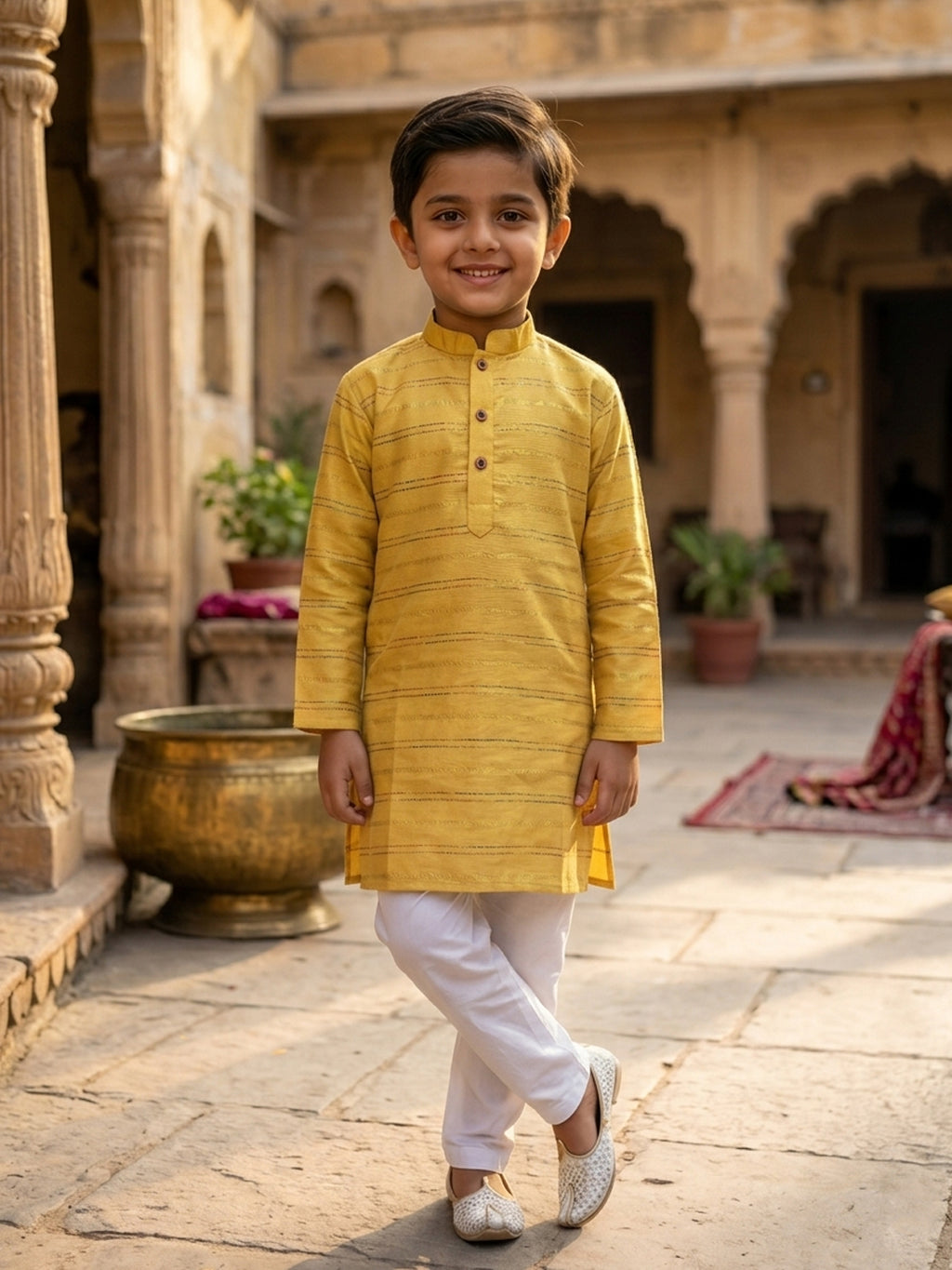 Yellow Lurex Printed Cotton Kurta with pajama