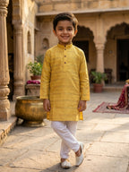 Yellow Lurex Printed Cotton Kurta with pajama