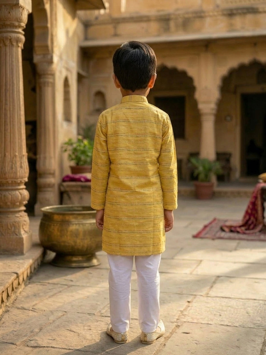 Yellow Lurex Printed Cotton Kurta with pajama