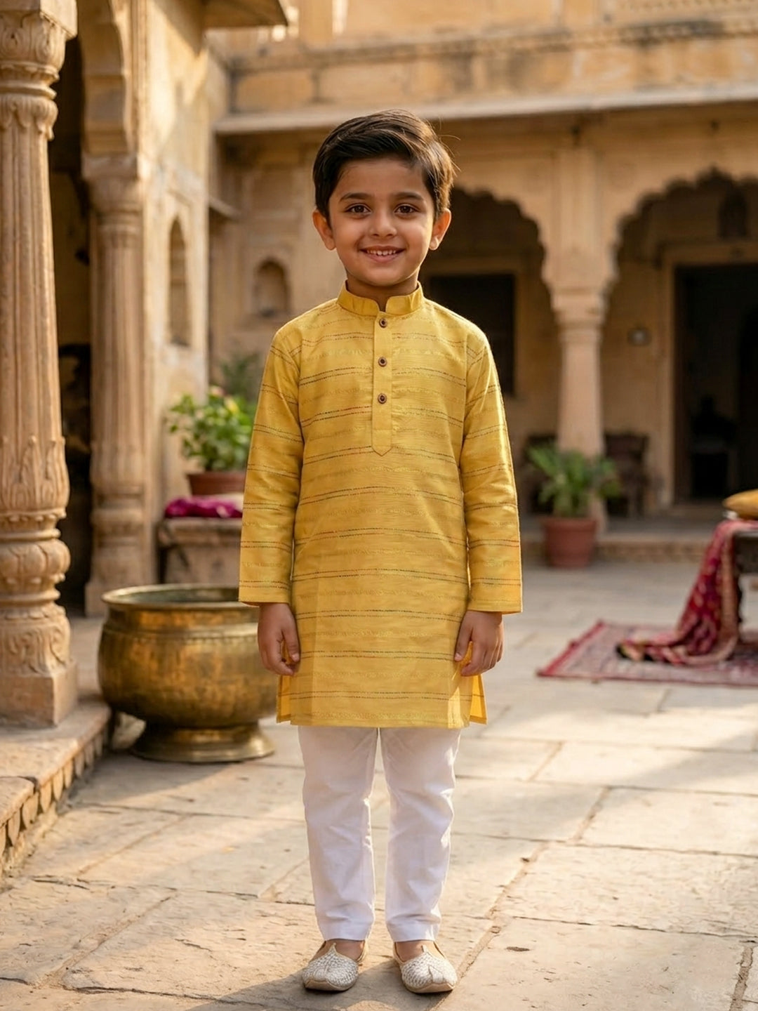 Yellow Lurex Printed Cotton Kurta with pajama