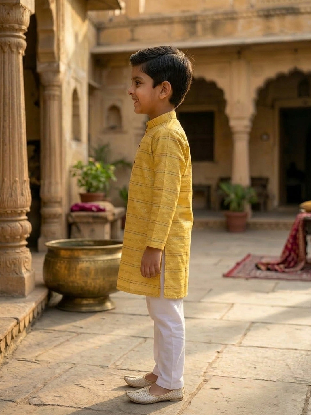 Yellow Lurex Printed Cotton Kurta with pajama