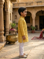 Yellow Lurex Printed Cotton Kurta with pajama