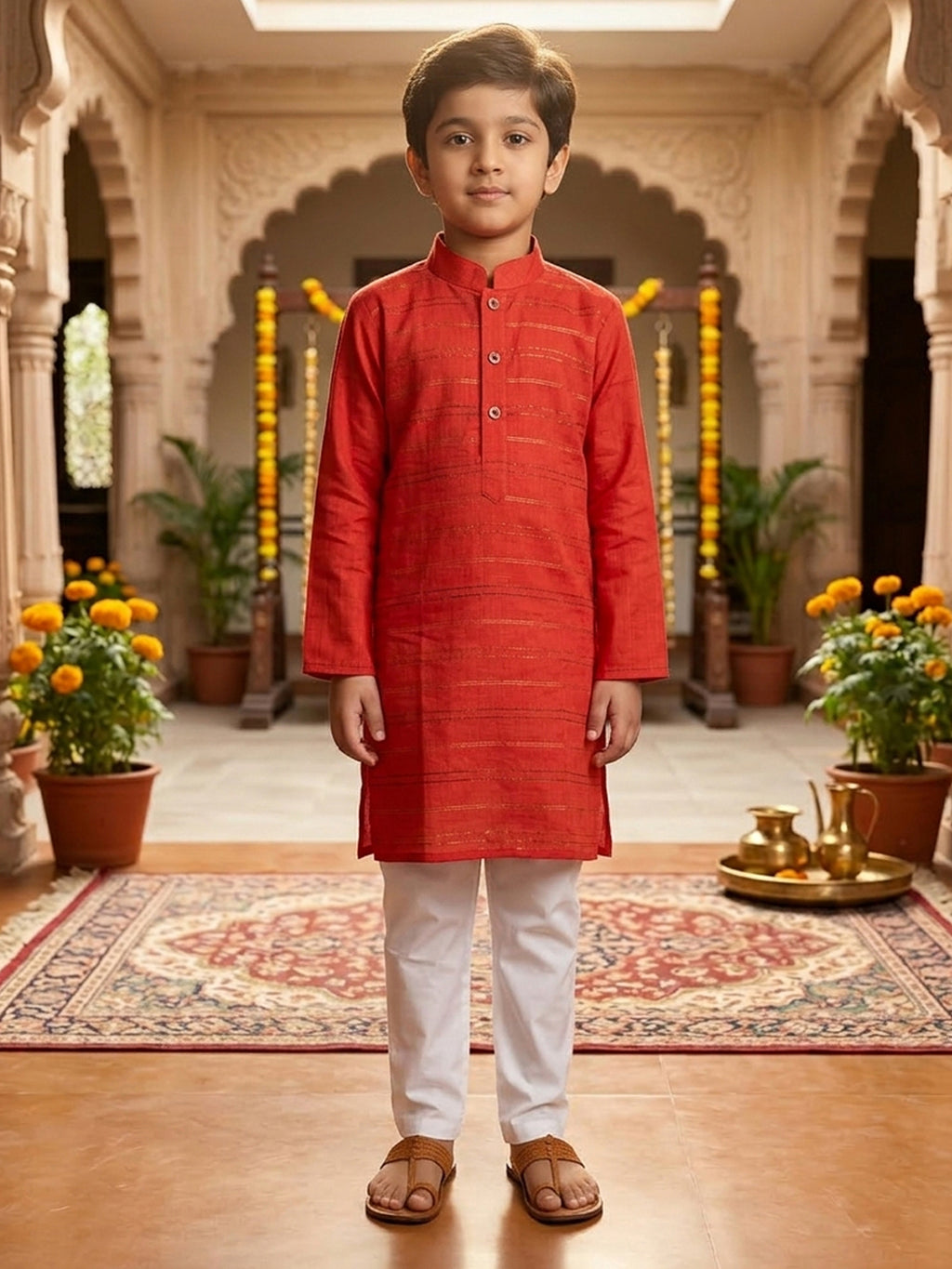 Red Lurex Printed Cotton Kurta with pajama