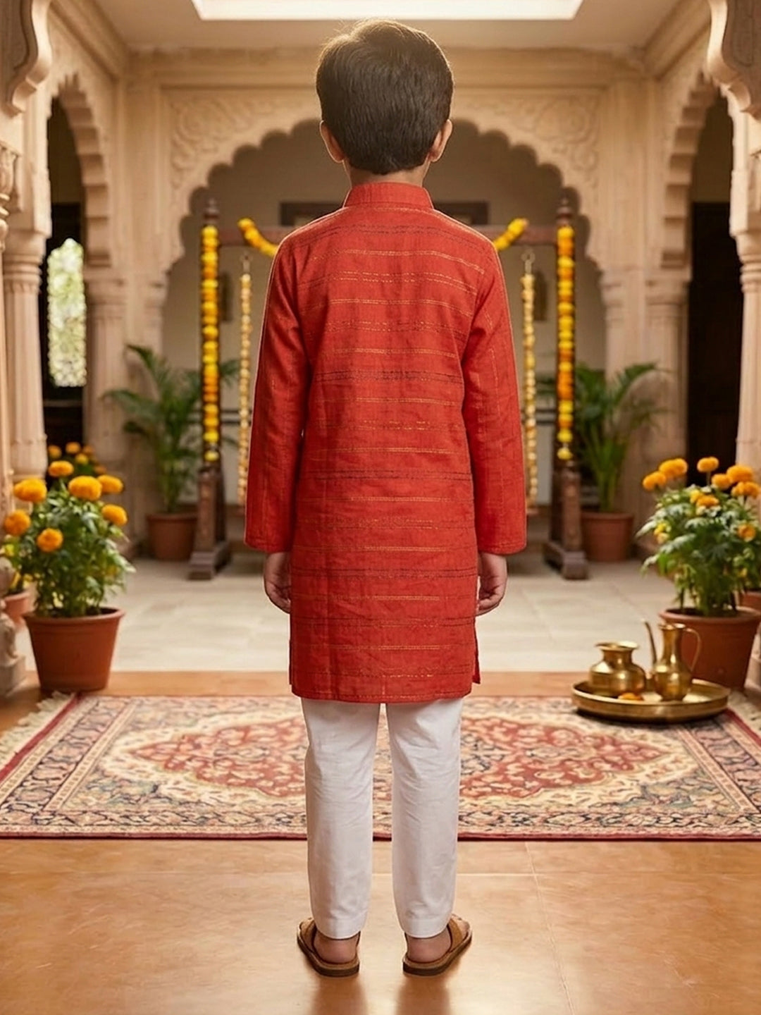 Red Lurex Printed Cotton Kurta with pajama