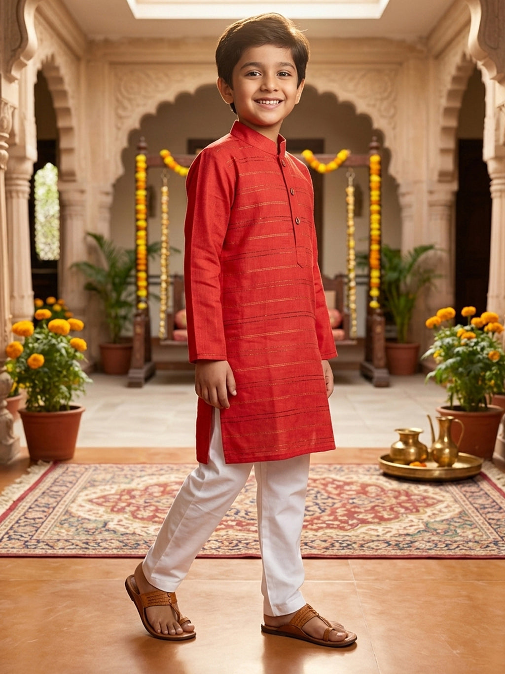 Red Lurex Printed Cotton Kurta with pajama
