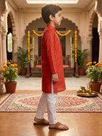 Red Lurex Printed Cotton Kurta with pajama