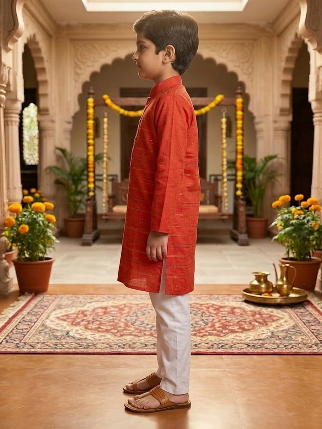 Red Lurex Printed Cotton Kurta with pajama