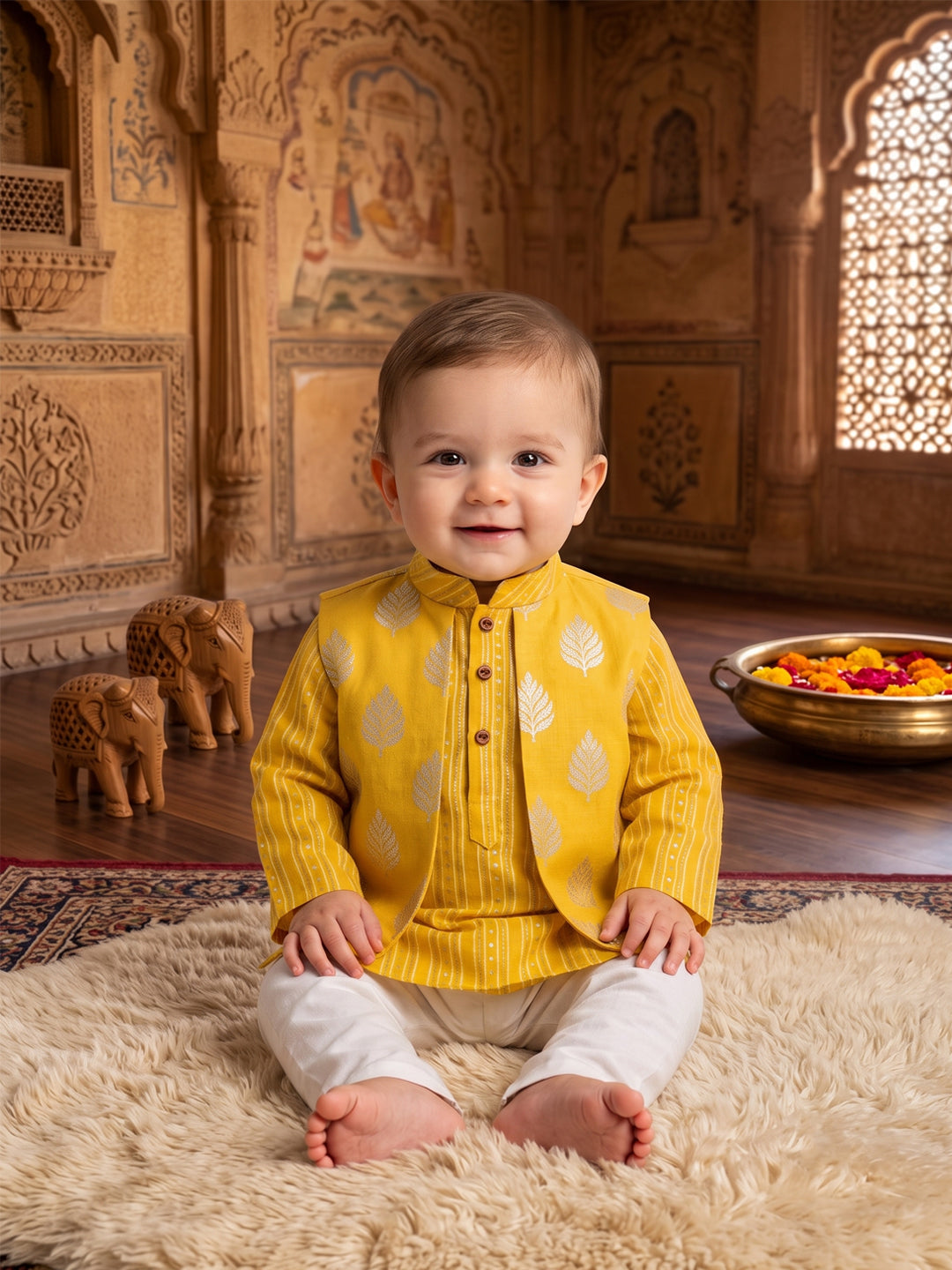 Kinder Kids Boys Yellow Printed Pure Cotton Stripped Kurta with Jacket and Pajama