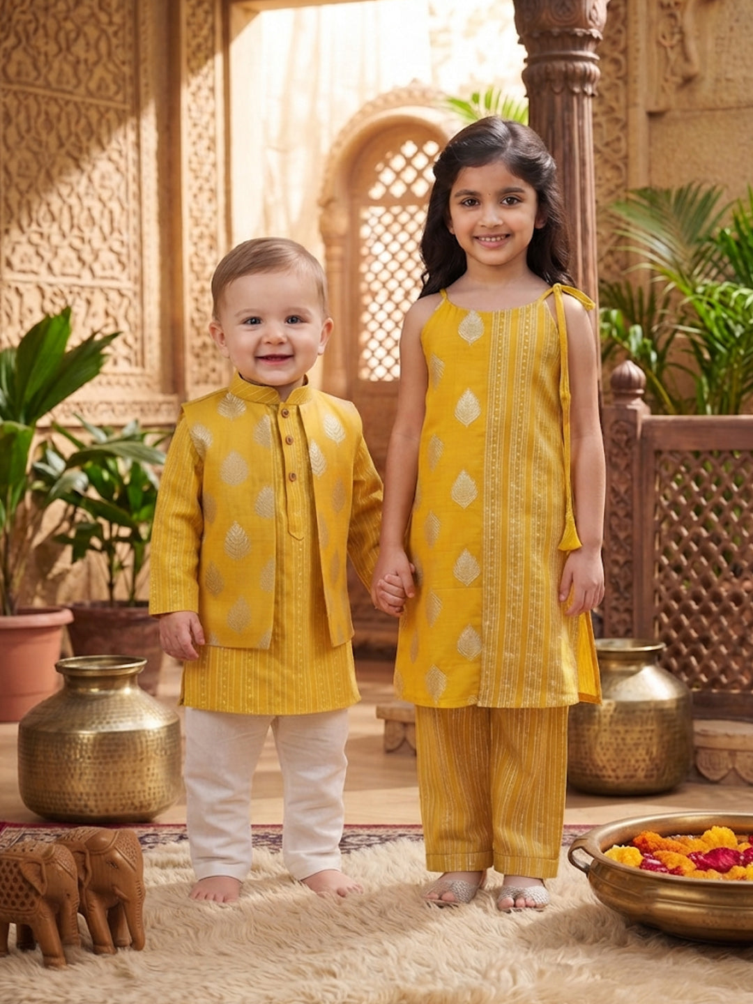 Kinder Kids Boys Yellow Printed Pure Cotton Stripped Kurta with Jacket and Pajama