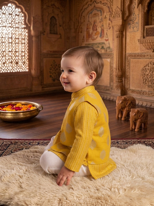 Kinder Kids Boys Yellow Printed Pure Cotton Stripped Kurta with Jacket and Pajama