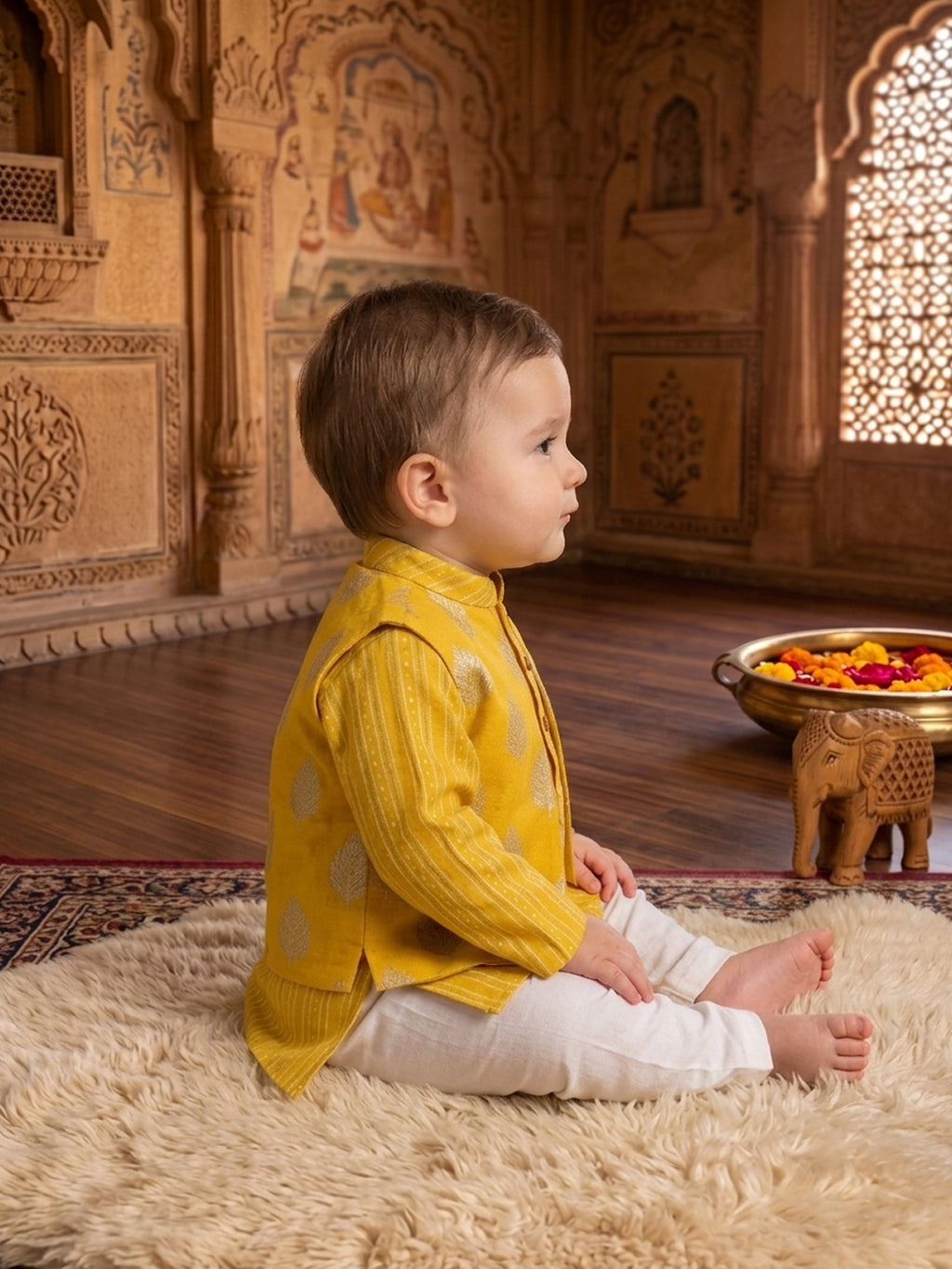 Kinder Kids Boys Yellow Printed Pure Cotton Stripped Kurta with Jacket and Pajama