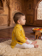 Kinder Kids Boys Yellow Printed Pure Cotton Stripped Kurta with Jacket and Pajama