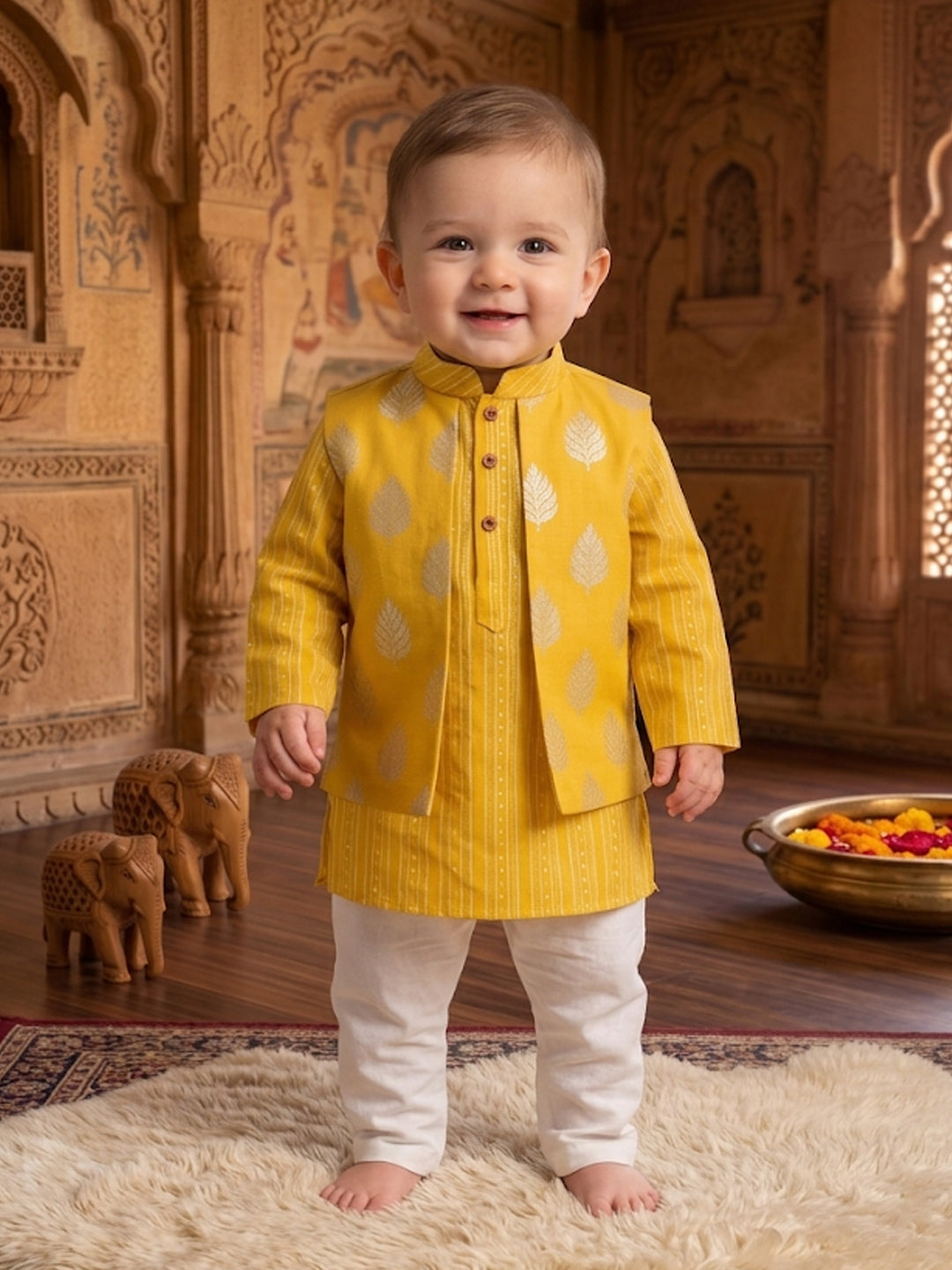 Kinder Kids Boys Yellow Printed Pure Cotton Stripped Kurta with Jacket and Pajama