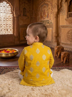 Kinder Kids Boys Yellow Printed Pure Cotton Stripped Kurta with Jacket and Pajama
