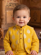 Kinder Kids Boys Yellow Printed Pure Cotton Stripped Kurta with Jacket and Pajama